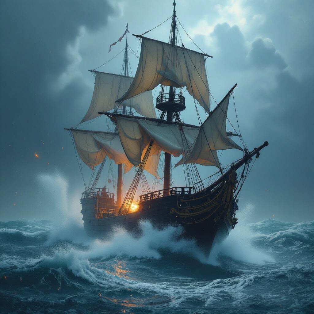 Ship in Stormy Seas: Dreamlike Matte Painting