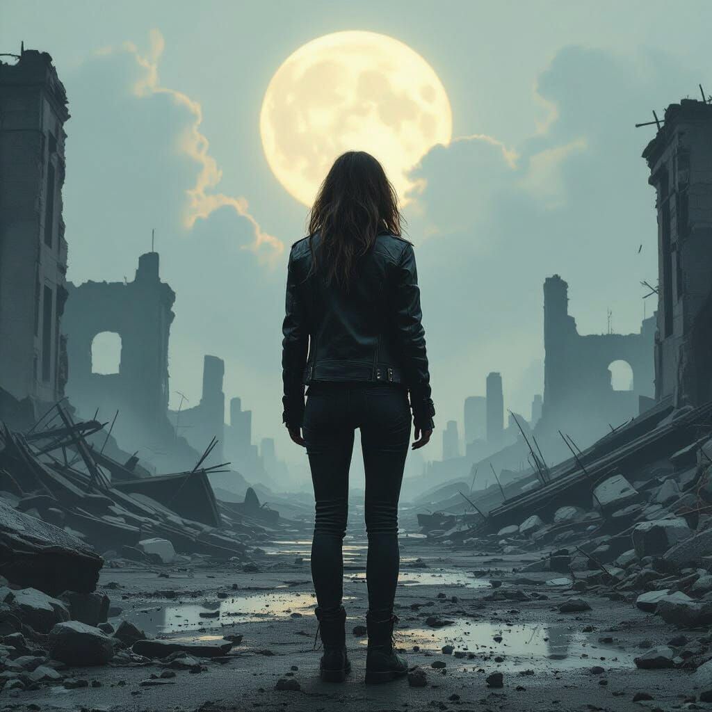 Woman at End of Time Amidst Ruins, Epic Cinematic Quality