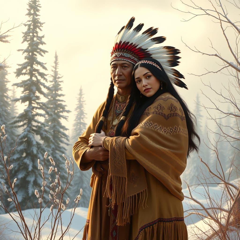 Native American Couple Embracing in Snowy Forest Landscape