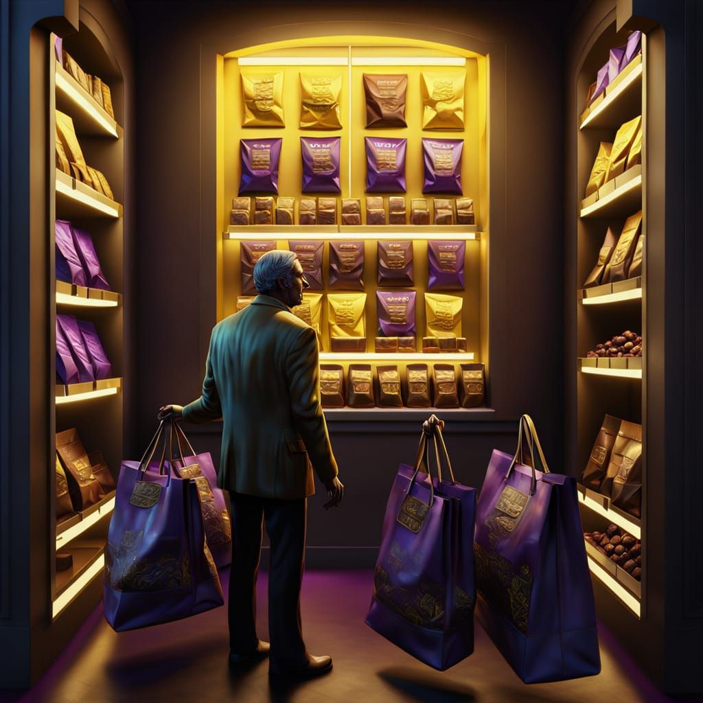 Man Buys Chocolates in Shop with Greek Sculptures