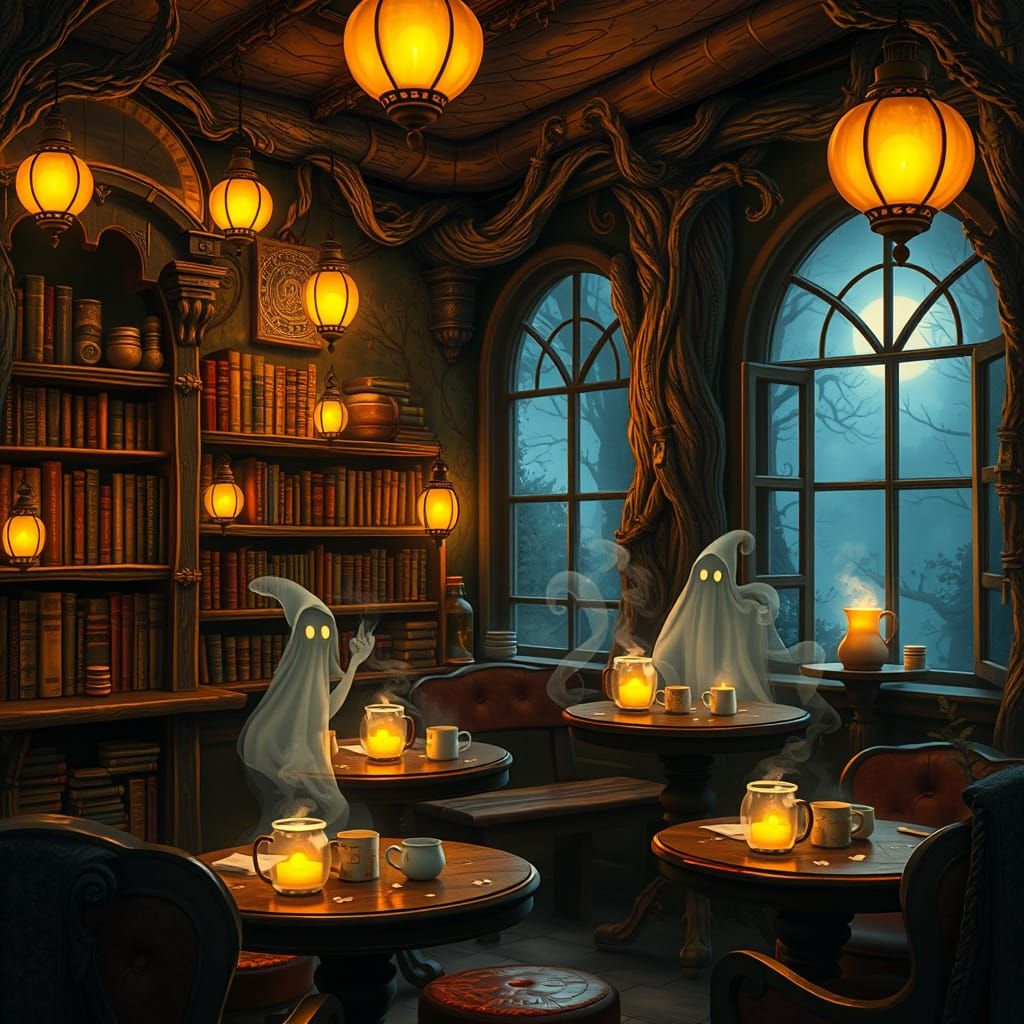 Mystical Woodland Cafe With Floating Lanterns and Spellbooks