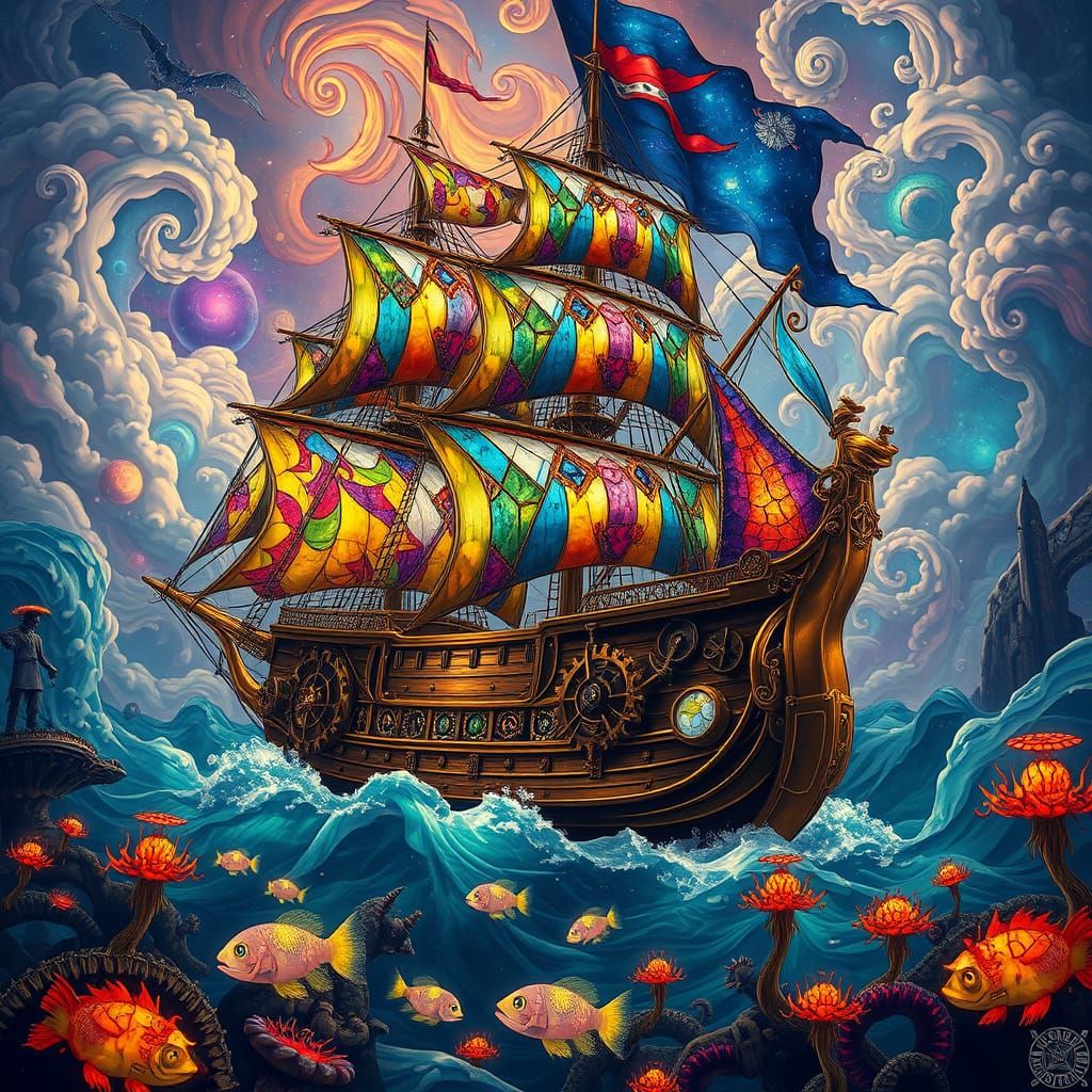 Steampunk Pirate Ship Sailing Nebula Sea in Art Nouveau Styl...