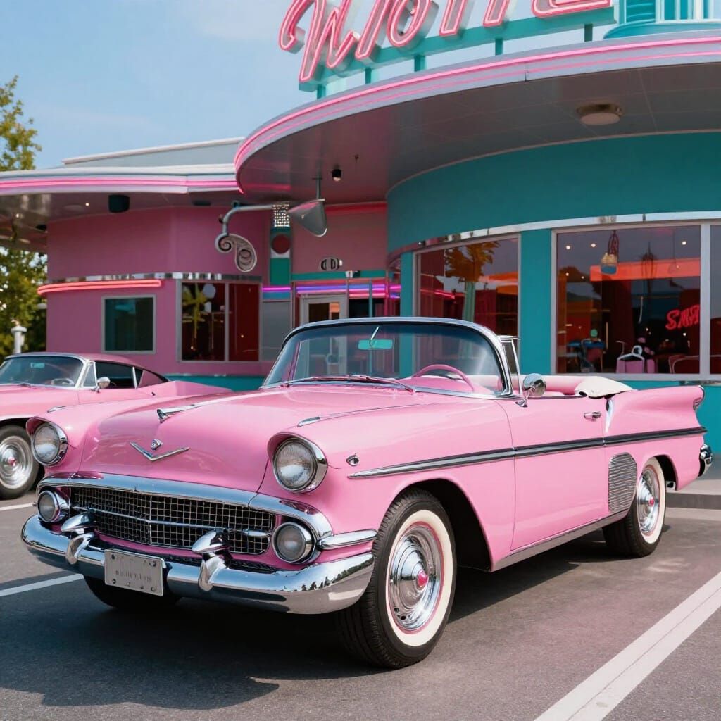 Retro Pink 1950s Convertible Outside Vibrant Diner