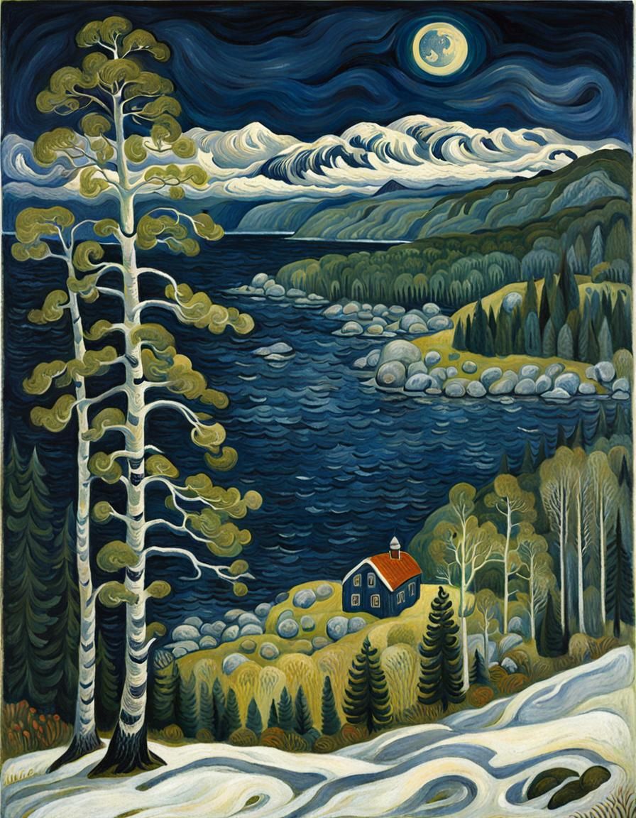 Nordic Landscape in Woodcut Style