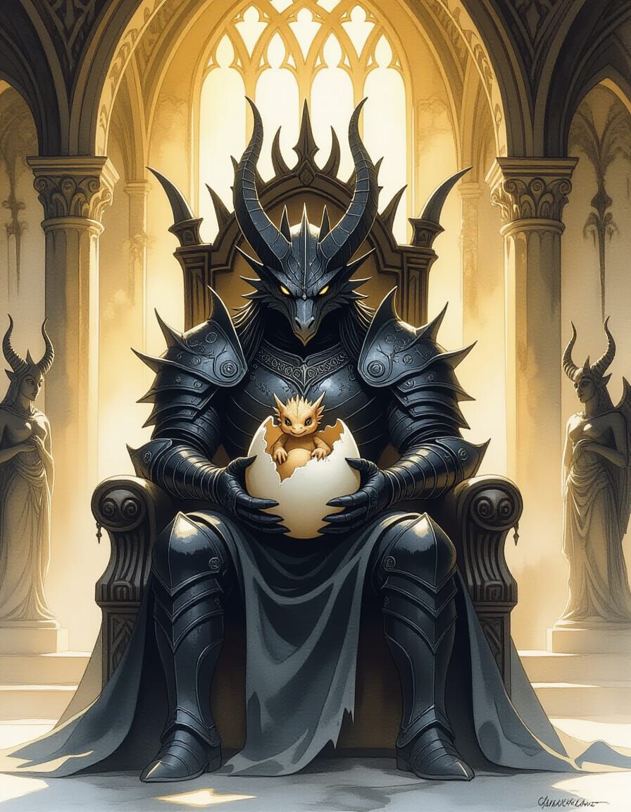 Dragon Lord Gently Cradling Baby Dragon: Watercolor Painting