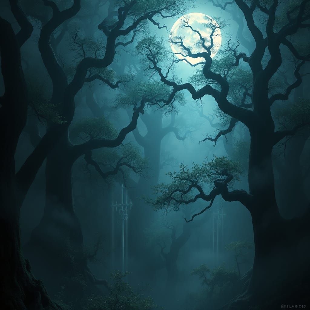 Mystical Forest Under Full Moon in Fantasy Art Style