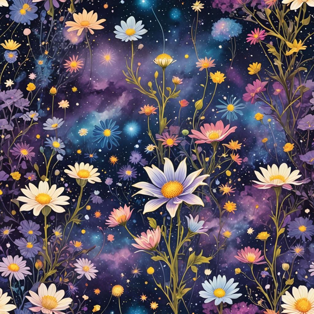 Celestial Flowers Bloom in Cosmic Alien Garden