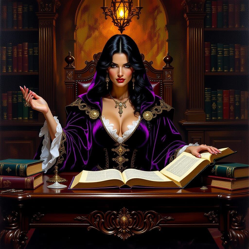 Female Mage in Study: Fantasy Oil Painting