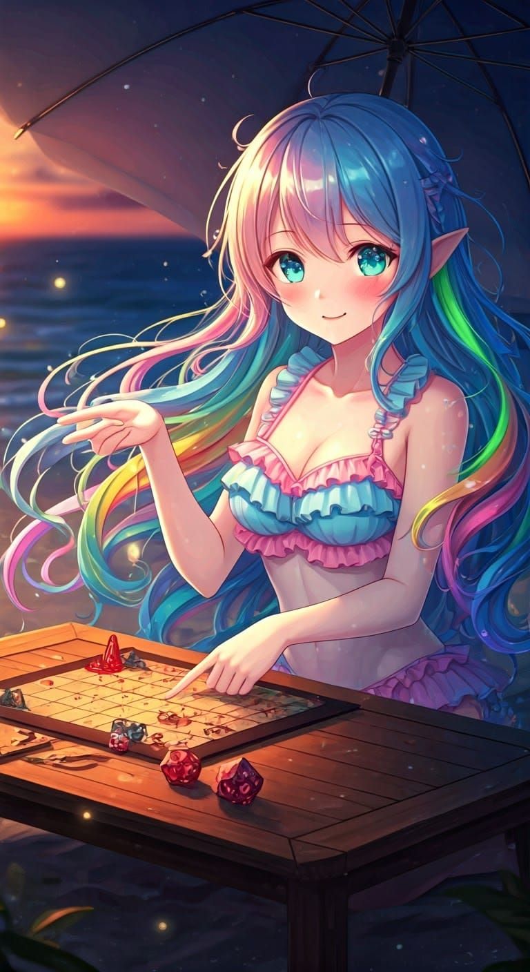 Anime Water Sylph Girl Plays D&D on Beach