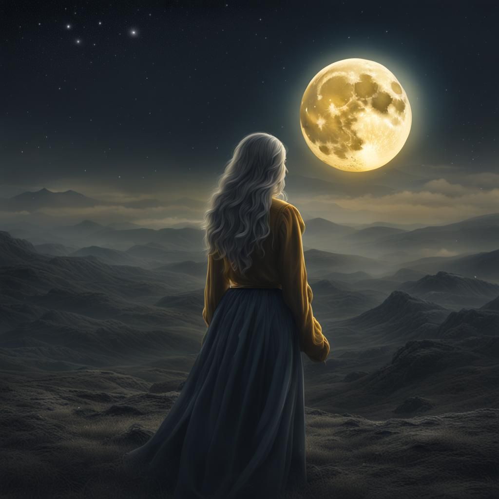 Gorgeous Moon Woman in Dark Starry Sky