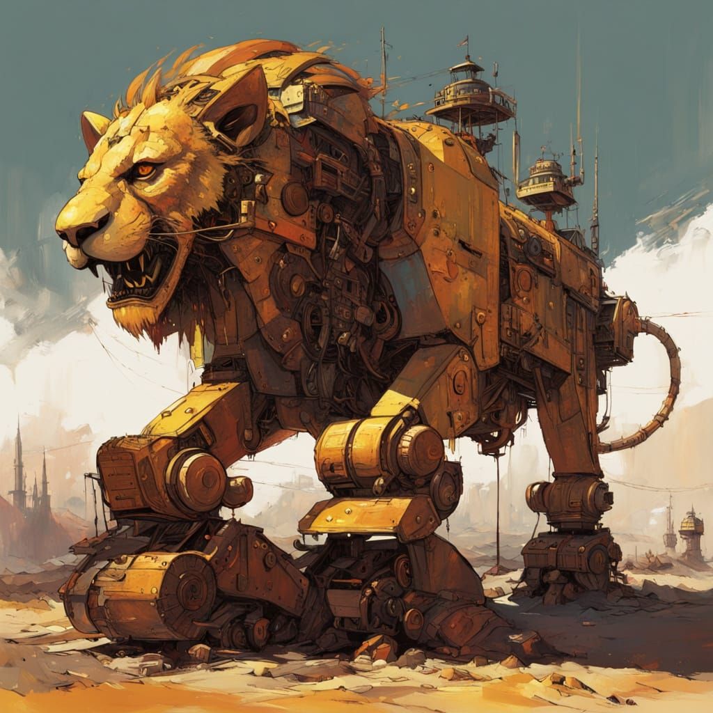 Steampunk Lion with Molten Gold Mane in Desolate Landscape