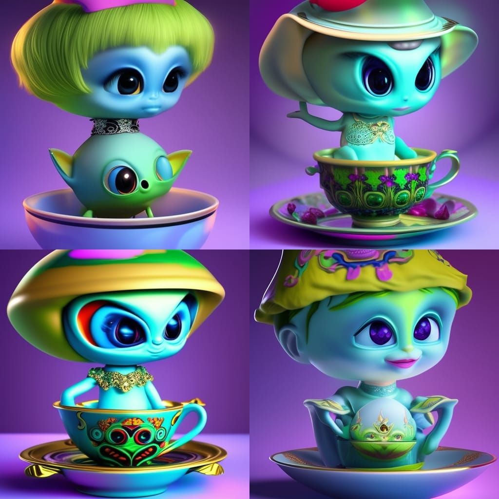 Cute Alien in Teacup: Hyperdetailed Fantasy Art