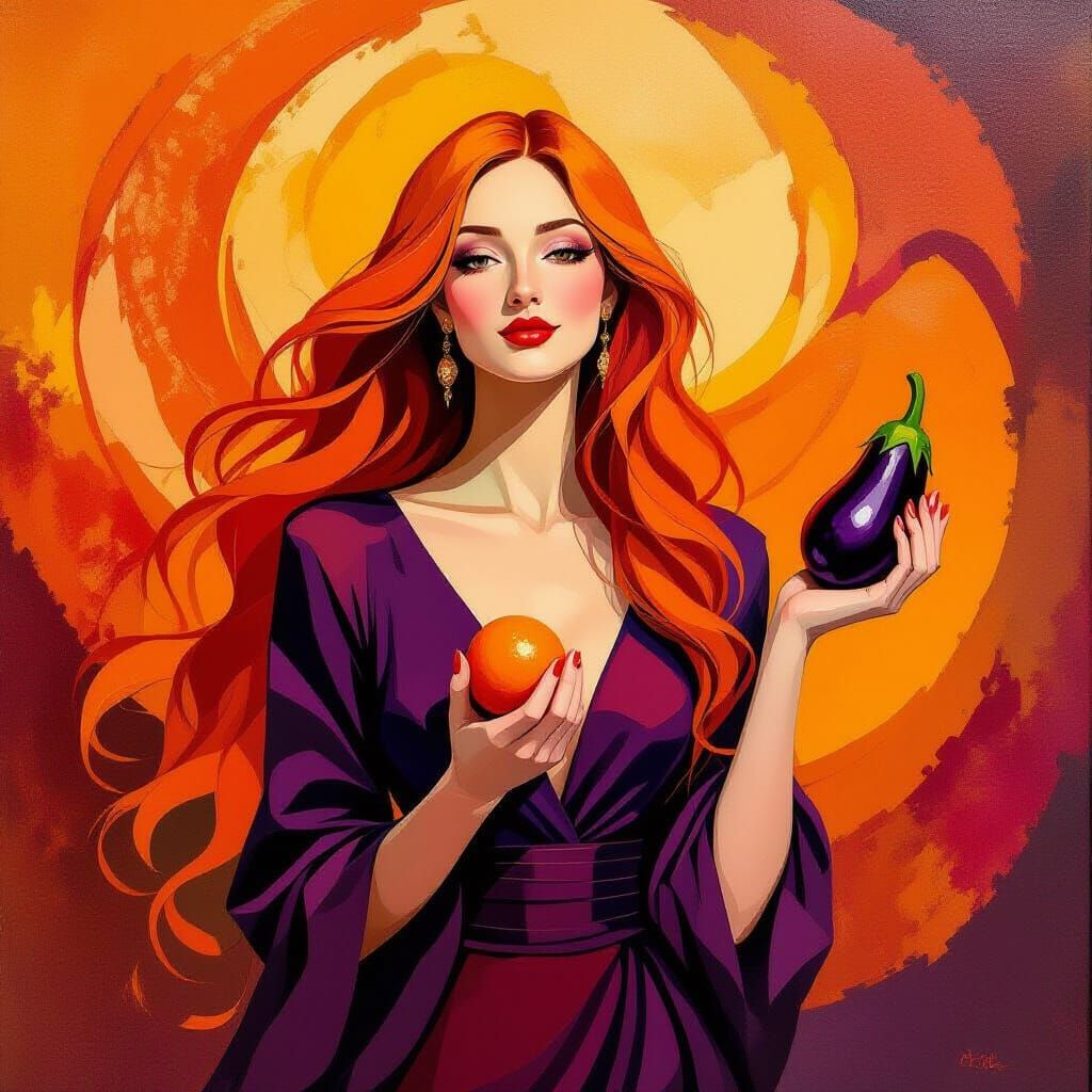 Woman With Tangerine Hair and Aubergine Clothes in Vibrant H...