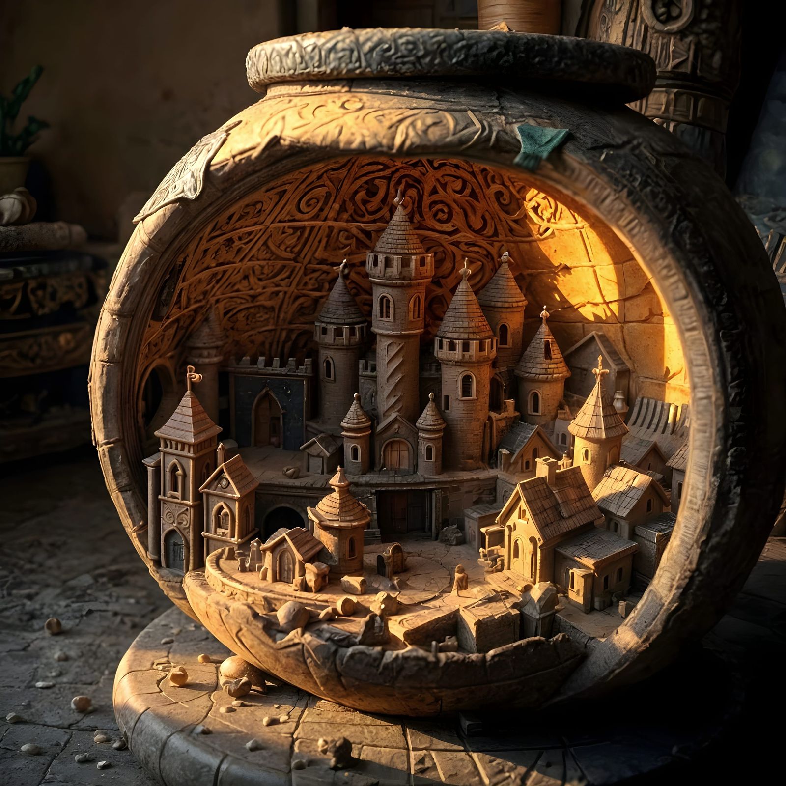 Medieval Clay Village Unfolds from a Giant Clay Pot