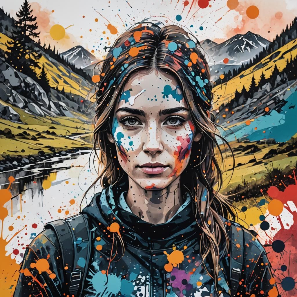Ink Splatter Portrait: Woman in Scandinavian Landscape