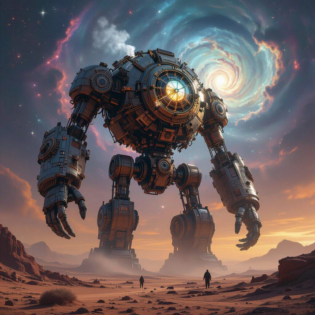 Clockwork Cyclops Guarding Alien Desert Under Nebula Sky