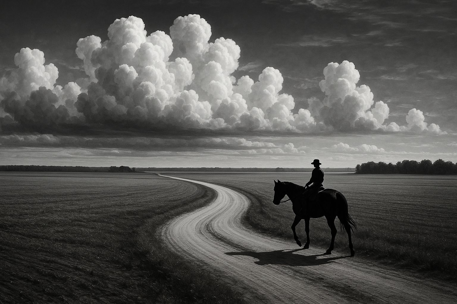 Black and White Rural Road with Horse and Rider