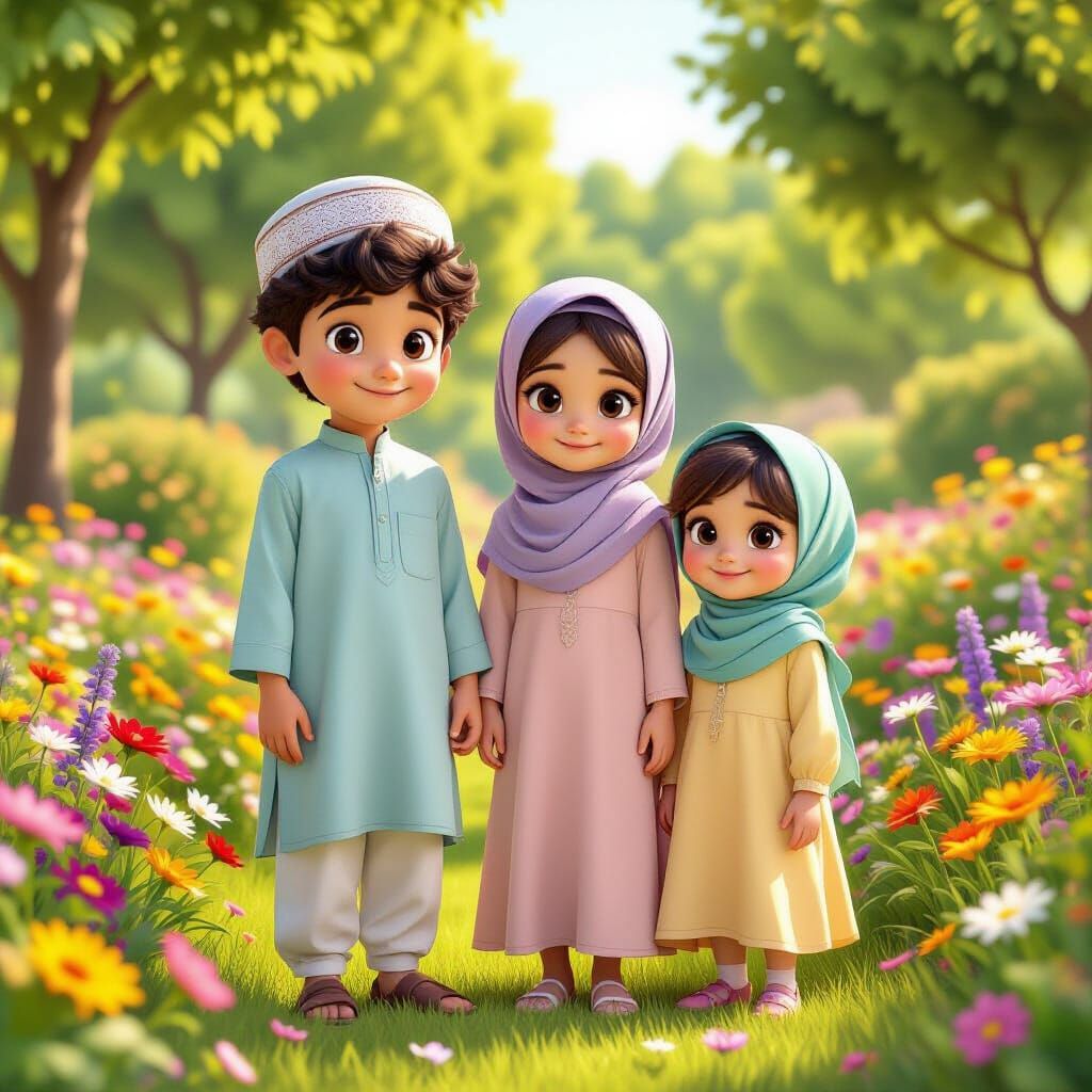 Muslim Siblings Enjoying a Sunny Garden in 3D Style