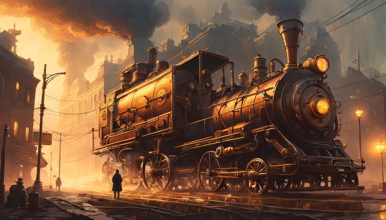 Steampunk City Landscape in Oil Painting Style