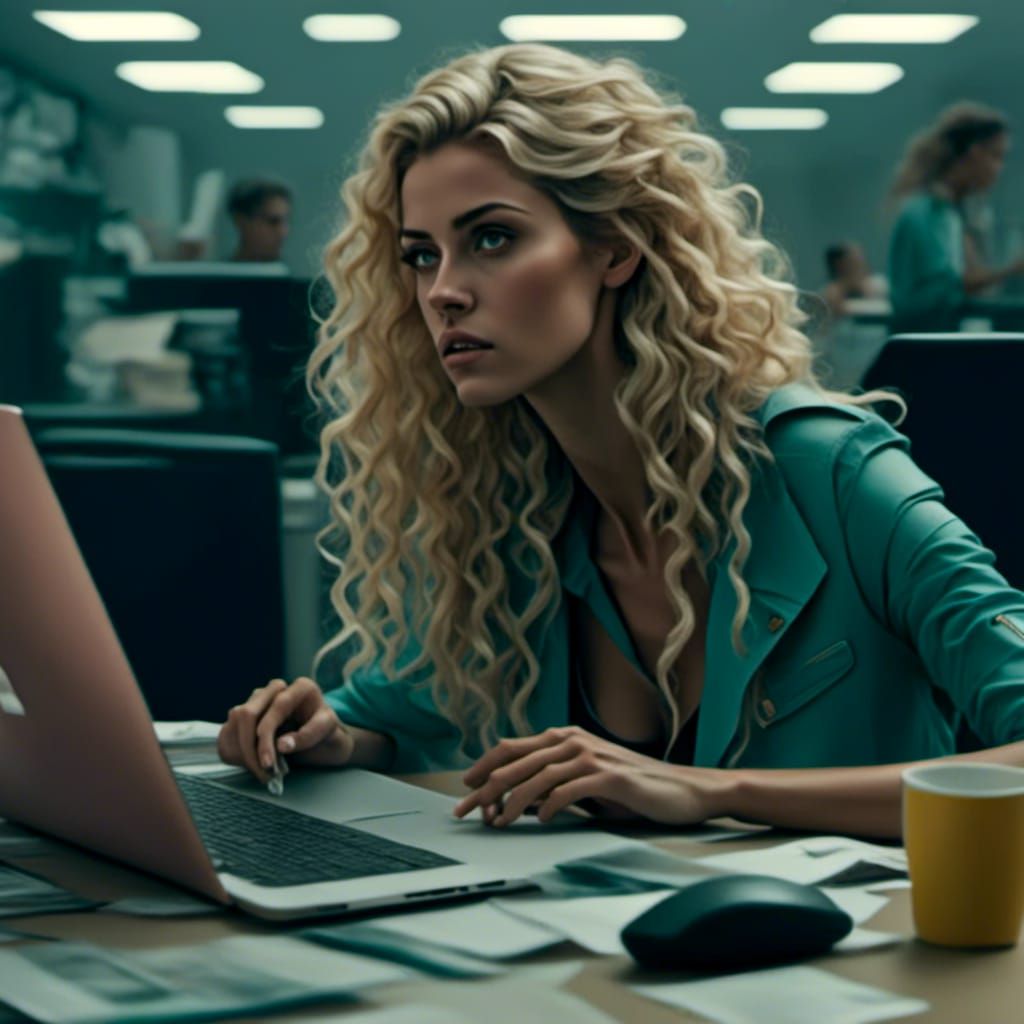 Persephone Working on Laptop, Hyperrealistic Office Scene