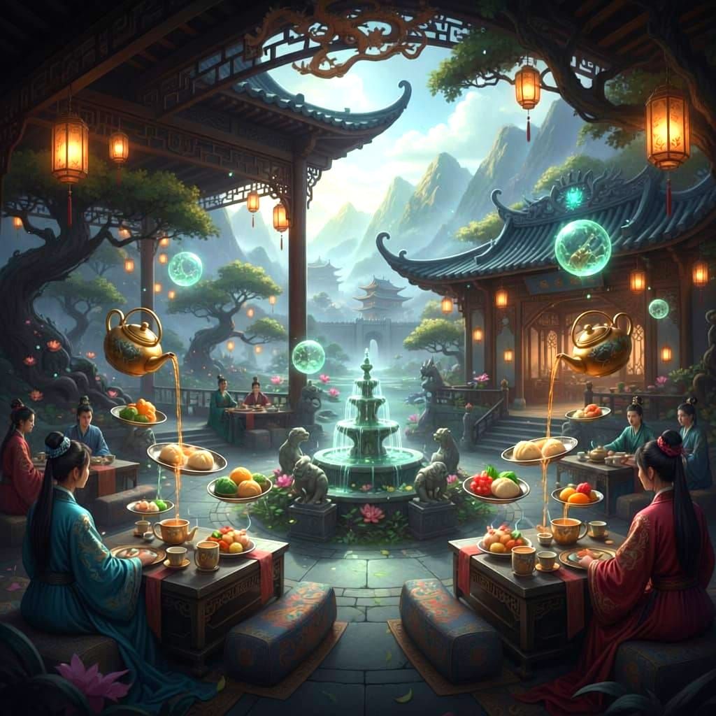 Magical Chinese Tearoom in High Fantasy Style