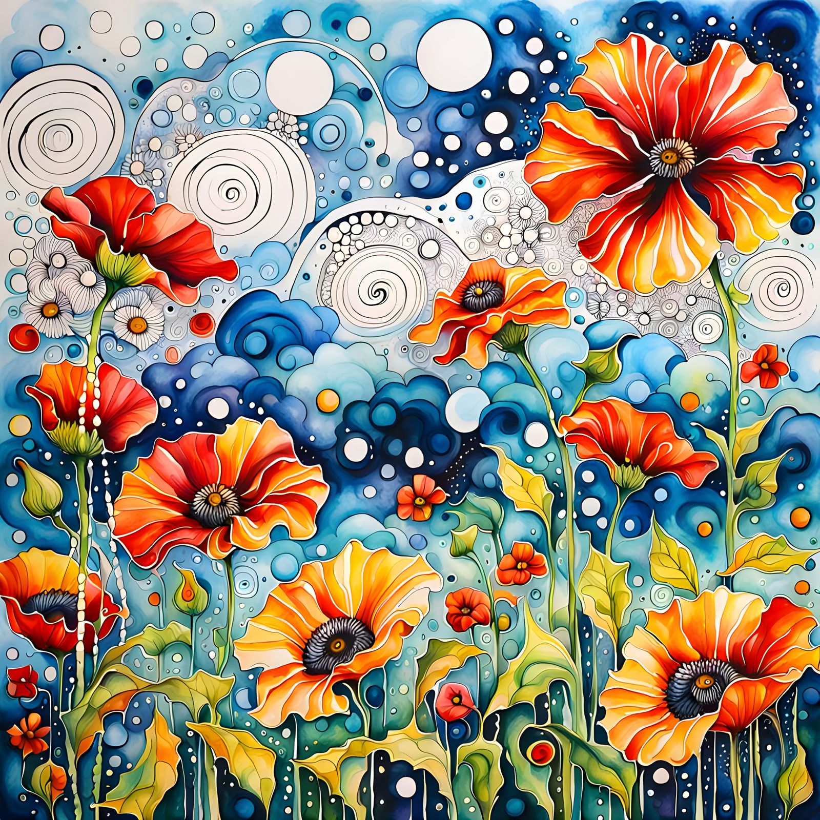 Abstract watercolor stunning prairie of hibiscus flowers, su...