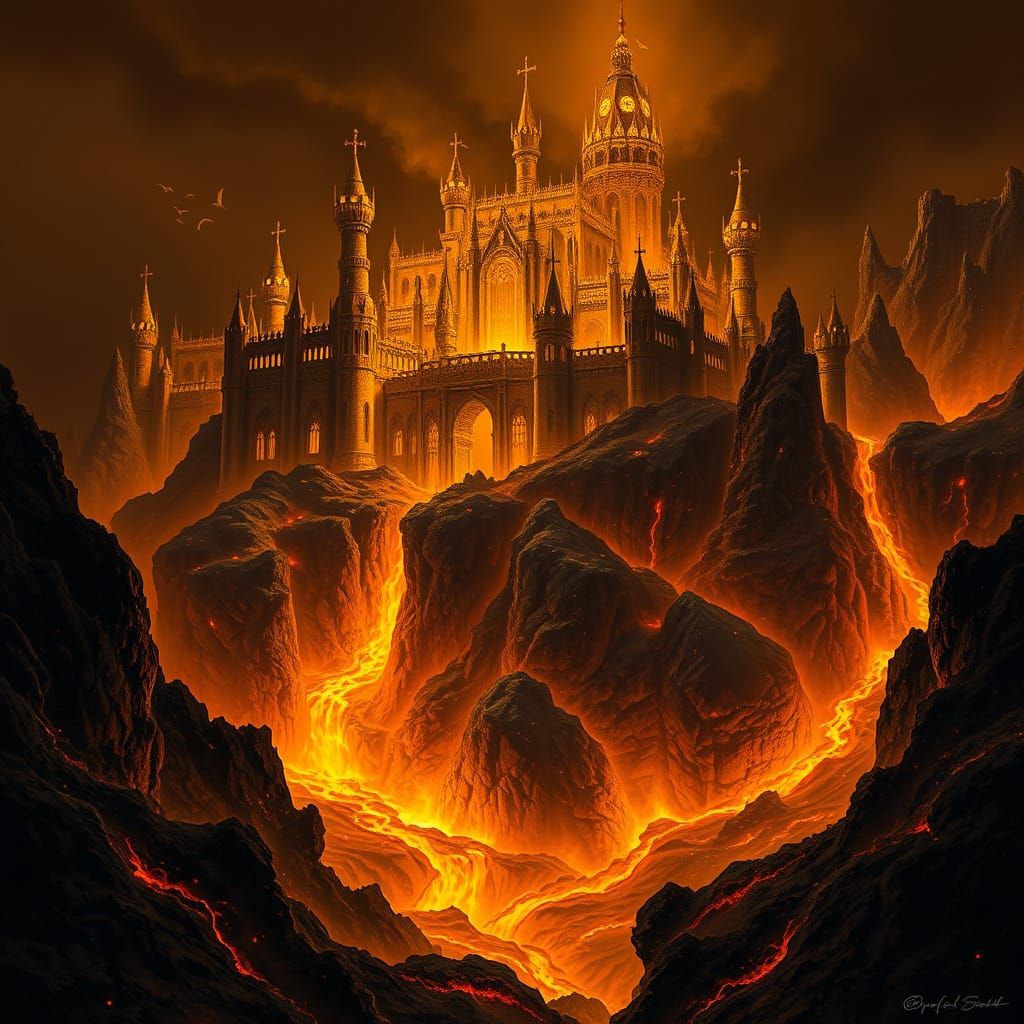 Molten Gold Palace Rising from Volcanic Core