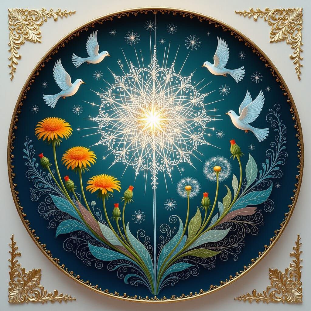 Ethereal Silver Being Radiates Iridescent Glow Amidst Dandel...