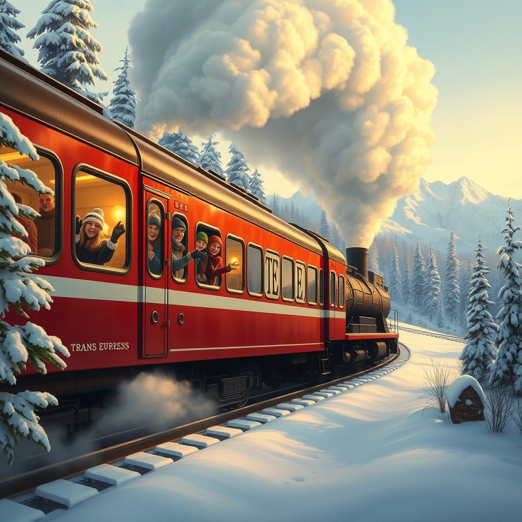 Vintage Train Chugs Through Winter Wonderland in Warm Golden...