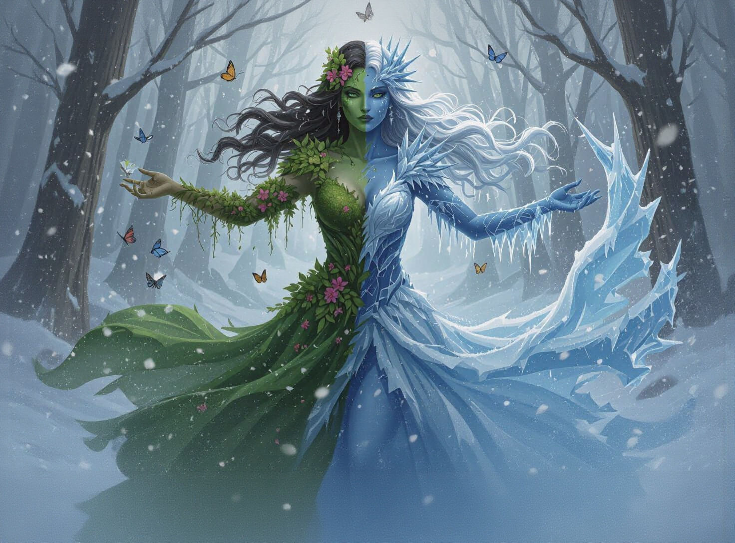 Goddess of Ice and Nature Dances in Forest