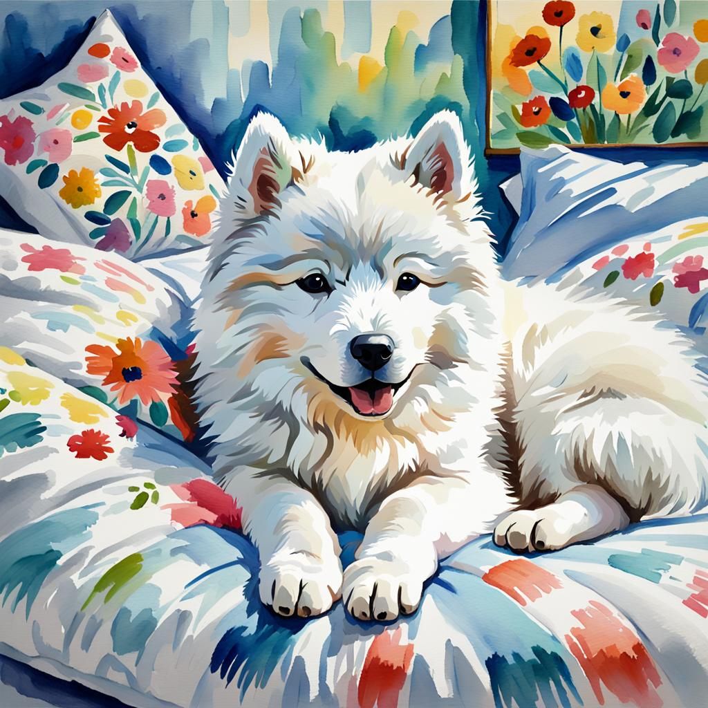 Happy Samoyed Pup Relaxing in Bed as Gouache Painting