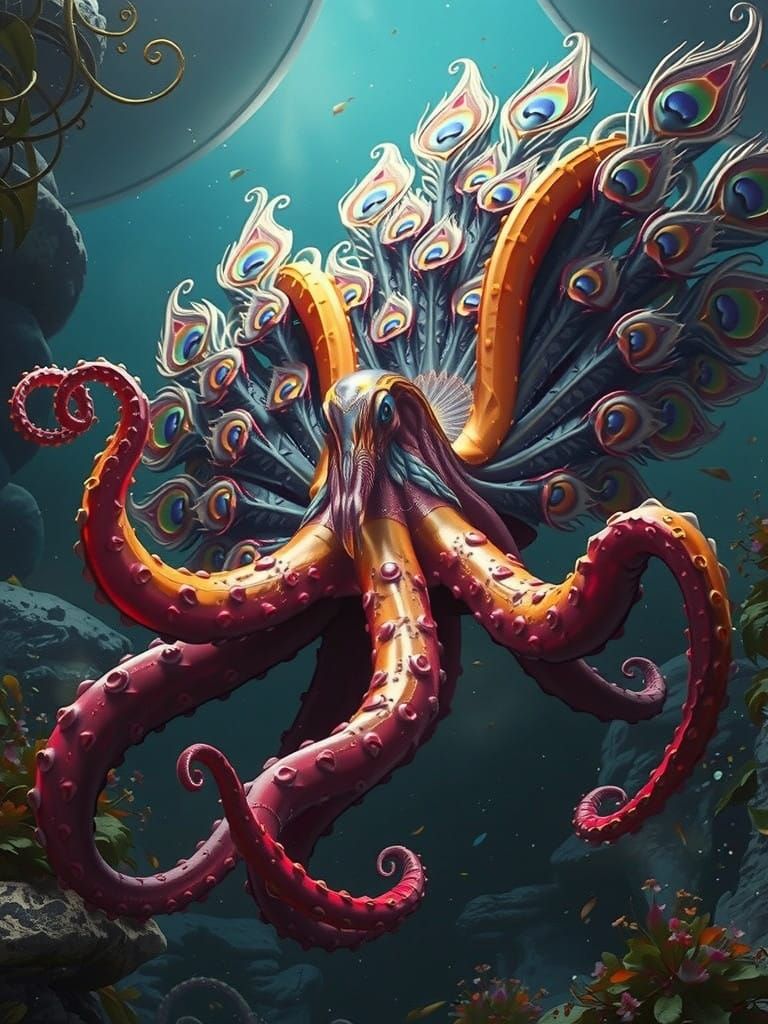 Winged Peacock-Octopus Hybrid in Atmospheric Backdrop