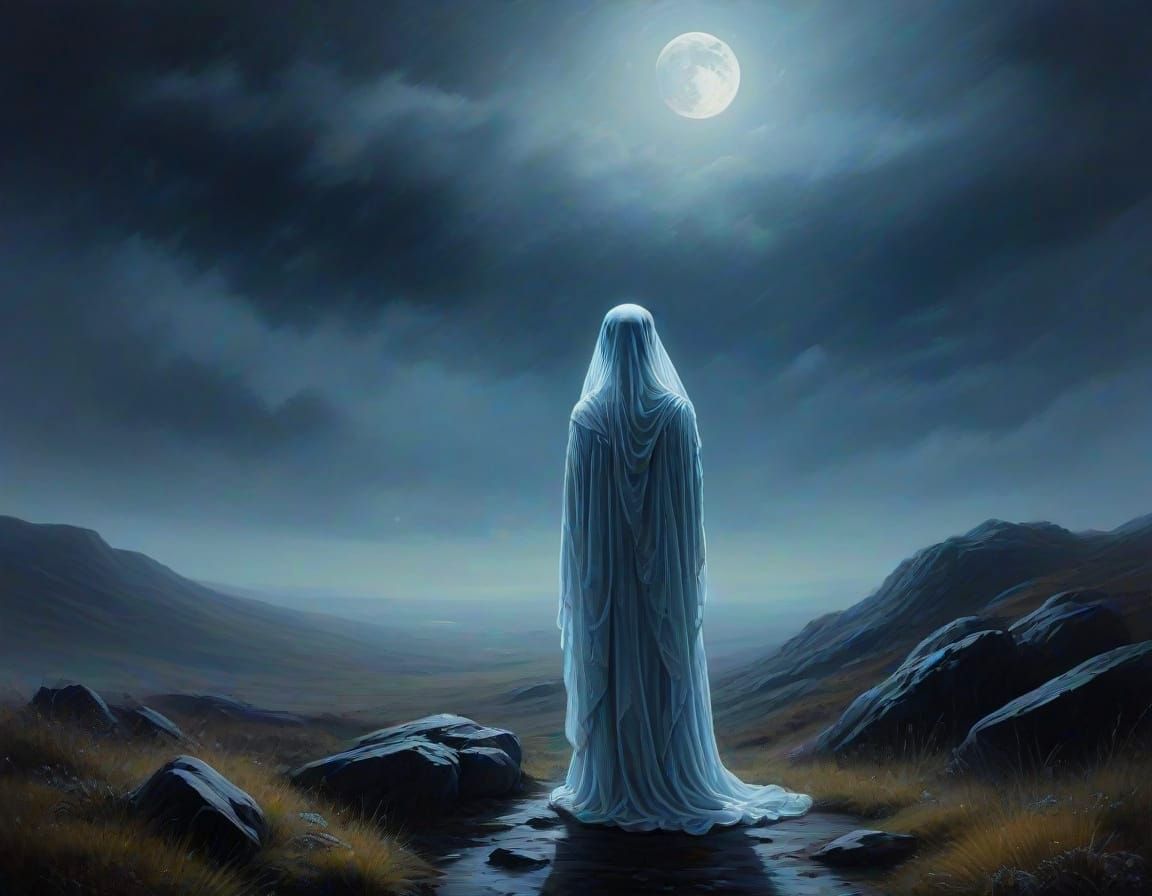 Ethereal Ghost Contemplates a Hazy Moon in Welsh Moorland
