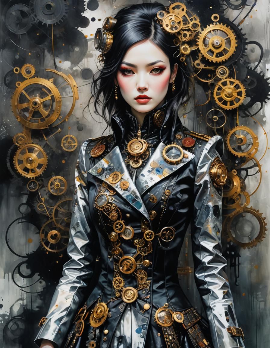 Steampunk Lady in Abstract Factory: Mixed Media Portrait