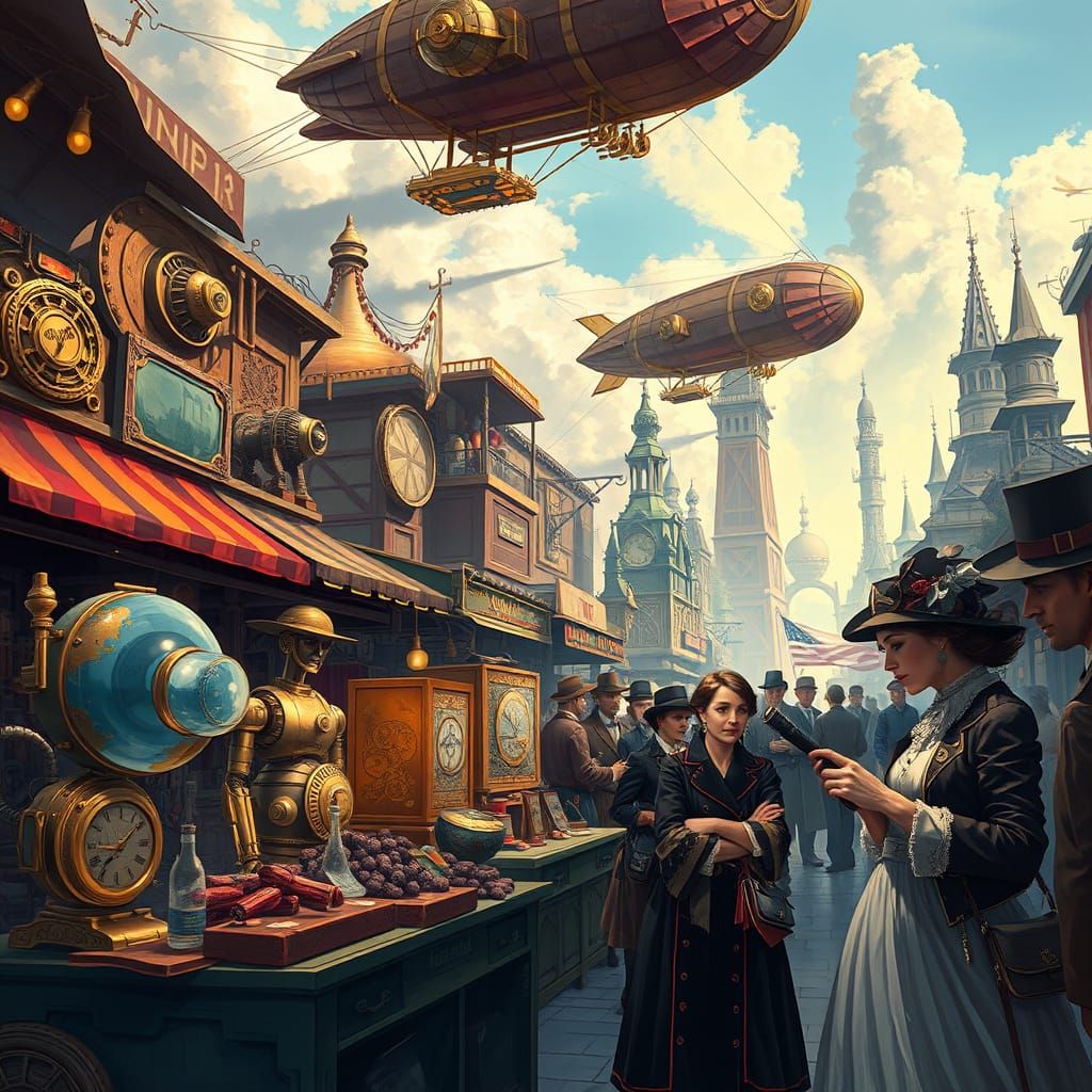 Steampunk Marketplace with Clockwork Automatons