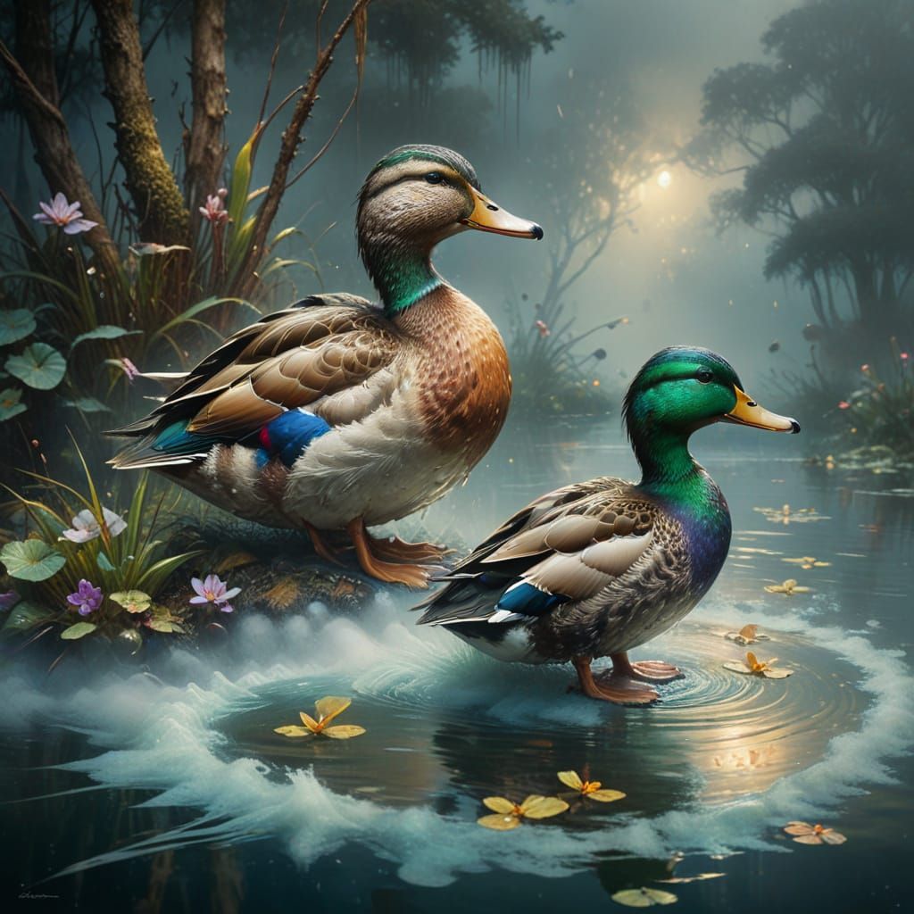 Ethereal Mallard Ducks in a Misty Pond