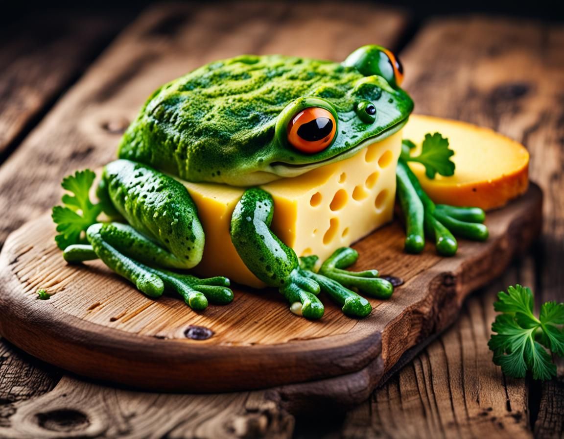 Frog-Shaped Cheese on Wooden Board in Hyper-Realistic Digita...