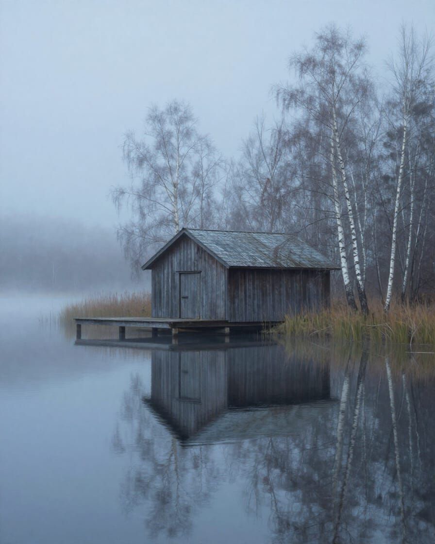 Serene Foggy Boathouse Reflection in Moody Landscape
