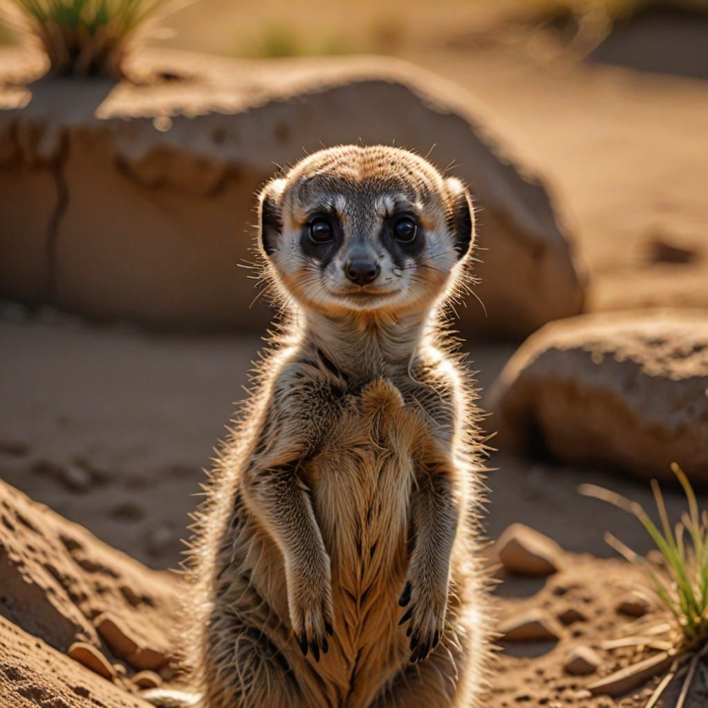 Cute Baby Meerkat Portrait in Golden Light