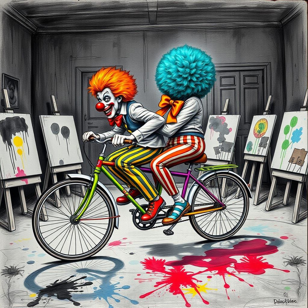 A multicolor tandem bike with two clowns,