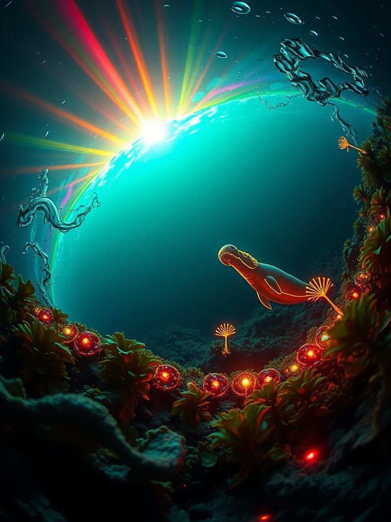 Bioluminescent Deep Sea with Rainbow, in Fractal Style