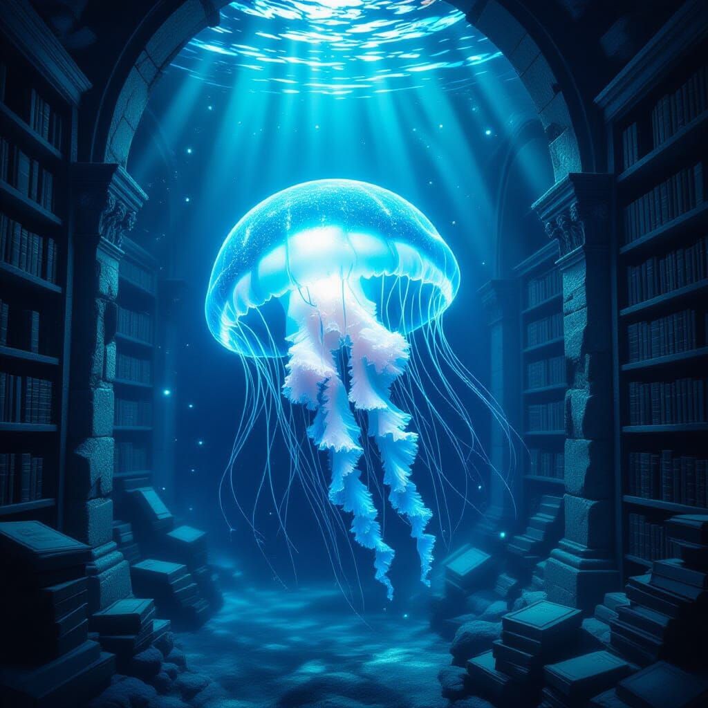 Bioluminescent Jellyfish in Ancient Underwater Library