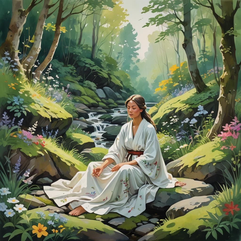Serene Woman Meditating in Lush Gouache Landscape