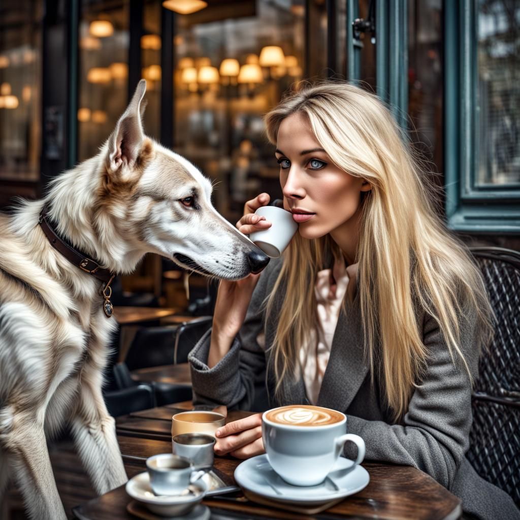 Blonde Spy and Wolfhound Sipping Coffee: Masterpiece