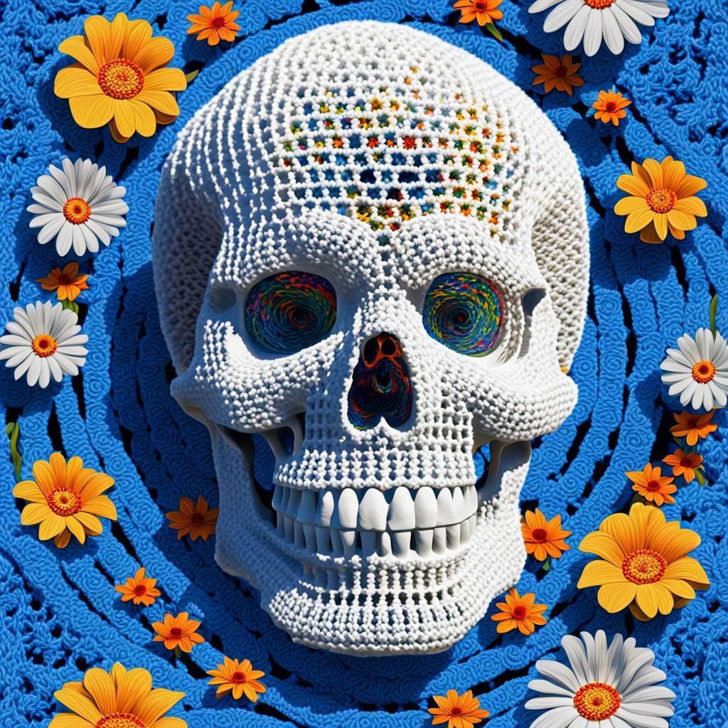 Crocheted Skull with Flowers in Pop Art Style