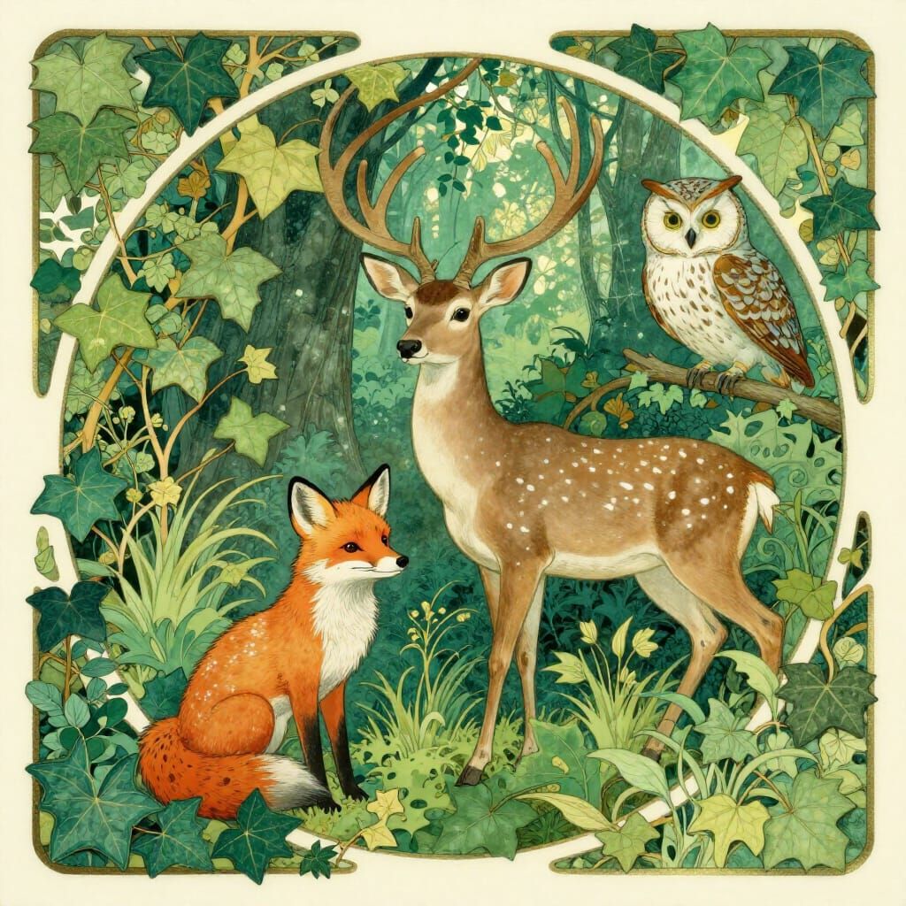 Art Nouveau Woodland Critters in Lush Ivy Borders
