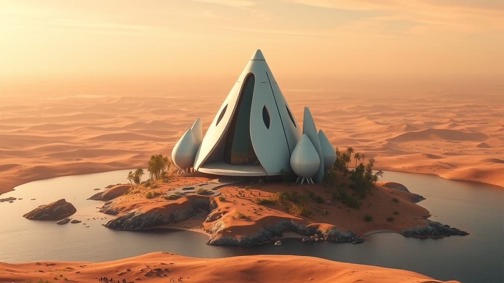 Futuristic Mars Oasis with Tear-Shaped Building