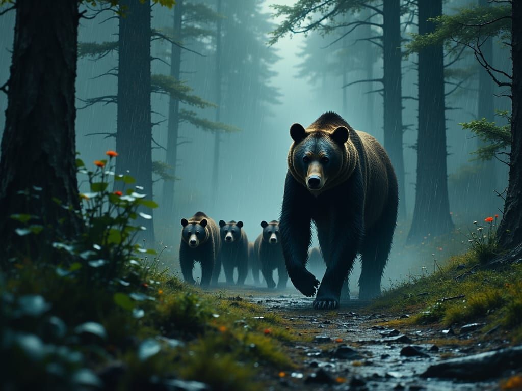 Mother Bear Guides Cubs Through Rainy Forest