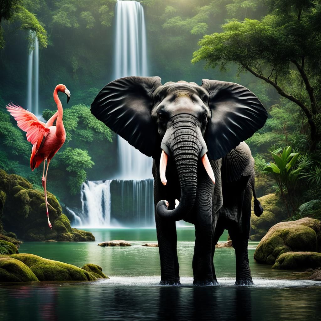 Elephant and Flamingo Before a Waterfall