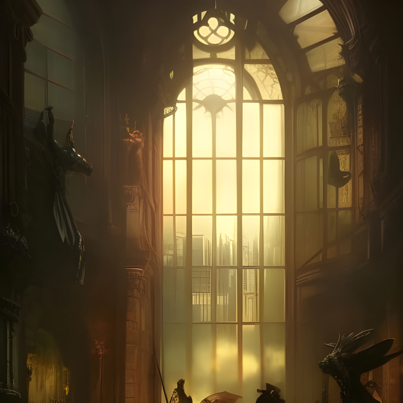 Fantasy City View Through Window, Hyperrealistic Art